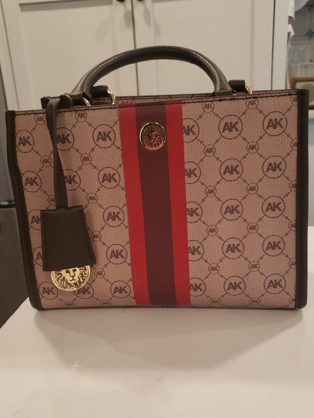 Anne Klein Brown Monogram Satchel with Red Stripe